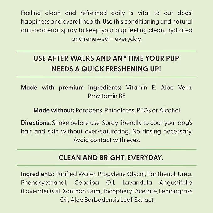 Cleansing Hair and Body Spray for Dogs - 5.1 Fl Oz of Dog Deodorizer, Long Lasting Formula - Everyday Body Spray with Aloe, Lemongrass Oil, and More - Made in The USA