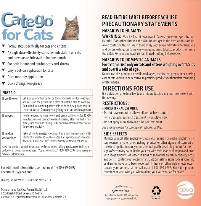 Catego for Cats Flea and Tick Treatment & Prevention (Over 1.5 lbs) 1-Month Supply