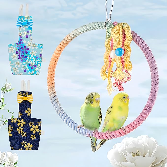 2 Pcs Bird Diapers Bird Harness Flight Suits Diapers with 80in Flying Leash Reusable Parrot Nappy with Waterproof Inner Layer for Cockatiel Budgie Conure Parakeet Lovebird-Dark&Light Blue
