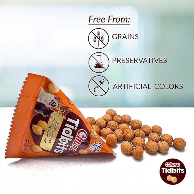 INABA Churu Tidbits for Cats, Soft & Chewy Churu Filled, Baked Chicken Cat Treats with Taurine & Green Tea Extract, 0.42oz per Pack, 8 Packs Total, Tuna & Salmon Recipe