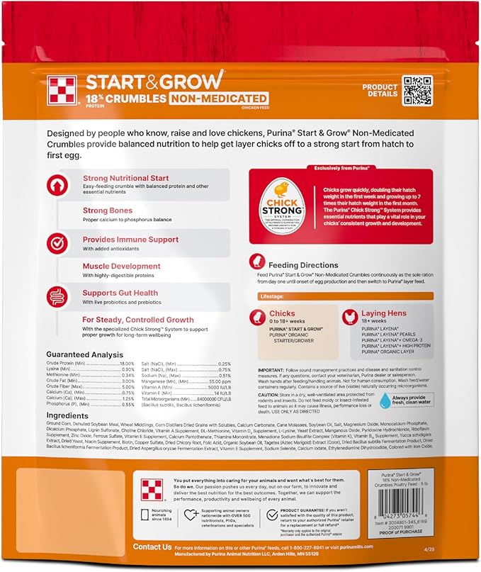 Purina Start and Grow | Non-Medicated Chick Feed Crumbles | Nutritionally Complete - 5 Pound (5 lb) Bag