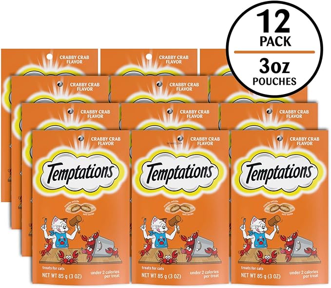 Temptations Cat Treats, Classic Crunchy and Soft Cat Treats, Crabby Crab Flavor, 3 oz. Pouches (Pack of 12)