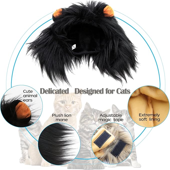Lion Mane Wig for Cat Costume Pet Adjustable Washable Comfortable Fancy Lion Hair Cat Clothes Dress for Halloween Christmas Easter Festival Party Activity (Small, Black)