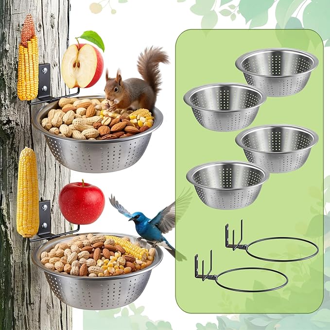 2 Pack Squirrel Feeders, Add 2 Colander Bowls (Each 8.5"/1.4L) for Replacement, Dual Corn Cob Spikes for Multi-Food, Metal Squirrel Feeders for Outside, Removable Bowl Nice to Clean/Refill