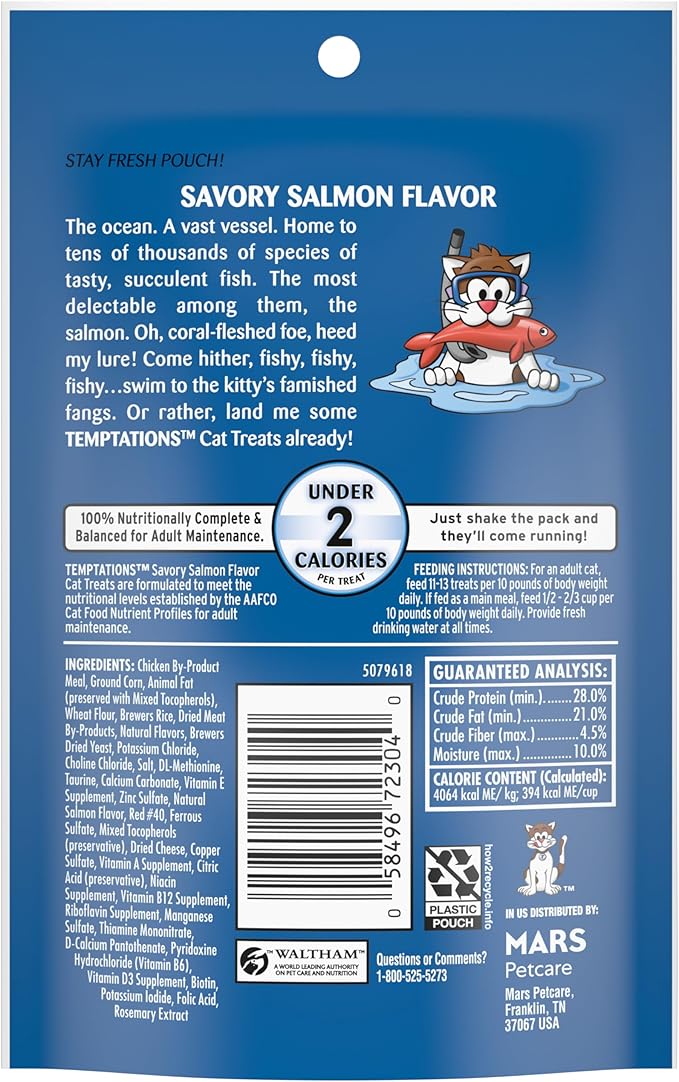 Temptations Cat Treats Classic Crunchy and Soft Cat Treats, Savory Salmon Flavor, 3 oz. Pouches (Pack of 12)