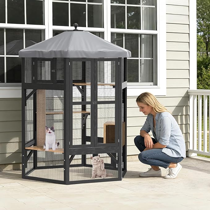 Catio Outdoor Cat Enclosure, Indoor Cat Enclosure with Window Access, Wooden Outdoor Cat Catio with Waterproof Cover, Cat House & Platform for Multiple Cats, Black