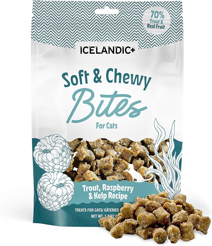 Icelandic+ Soft & Chewy Bites - Trout, Raspberry & Kelp - 1.8oz Cat Treats, 70% Meat & Fruit, Air-Dried, Limited Ingredients, Pet Snack, Grain Free