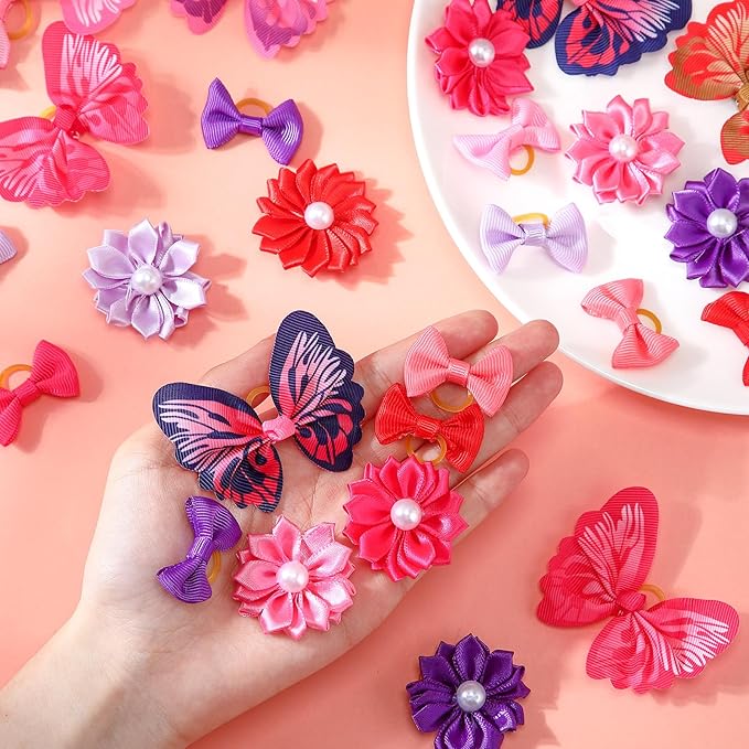 Janinka 36 Pieces Dog Hair Bows with Rubber Bands Easter Butterfly Bows for Small Size Dog Girl Flower Pearls Elastic Hair Ties Bands for Pets Puppy Cats Grooming Accessories(Vibriant Color)