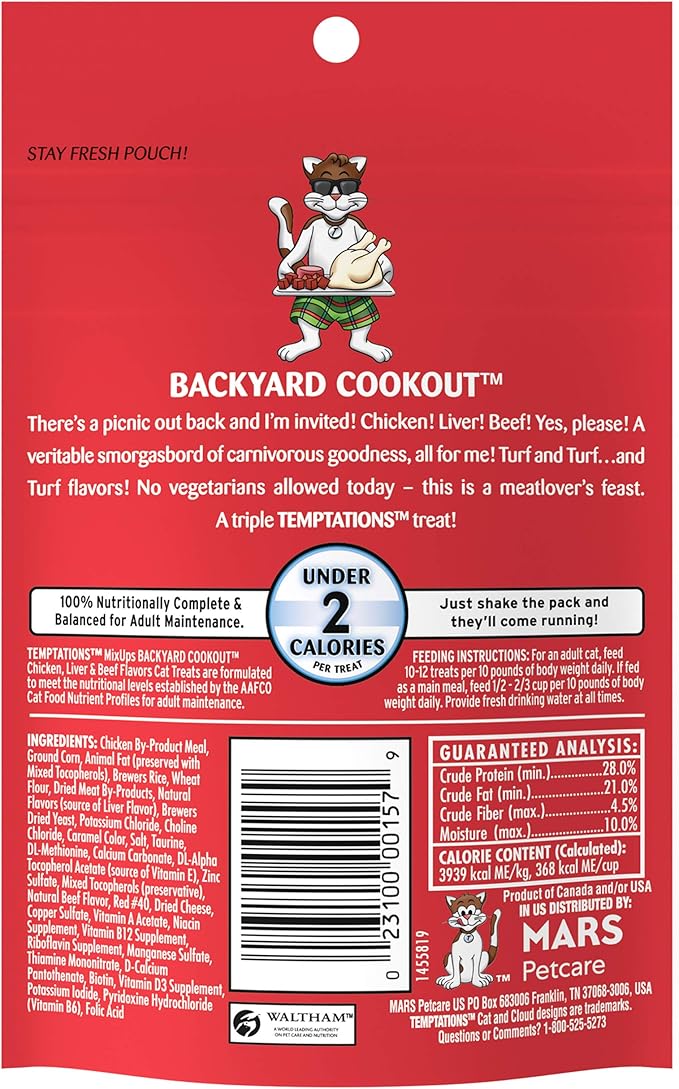 Temptations Cat Treats MixUps Backyard Cookout Flavor Crunchy, Soft Cat Treats, 3 oz. Pouch (Pack of 12)