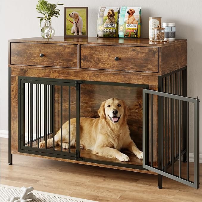 PUKAMI 44inch Large Dog Crate Furniture with Drawers, Wooden Dog Kennel Furniture for Indoor use, Brown End Table Dog House, for Small/Medium/Large Dog