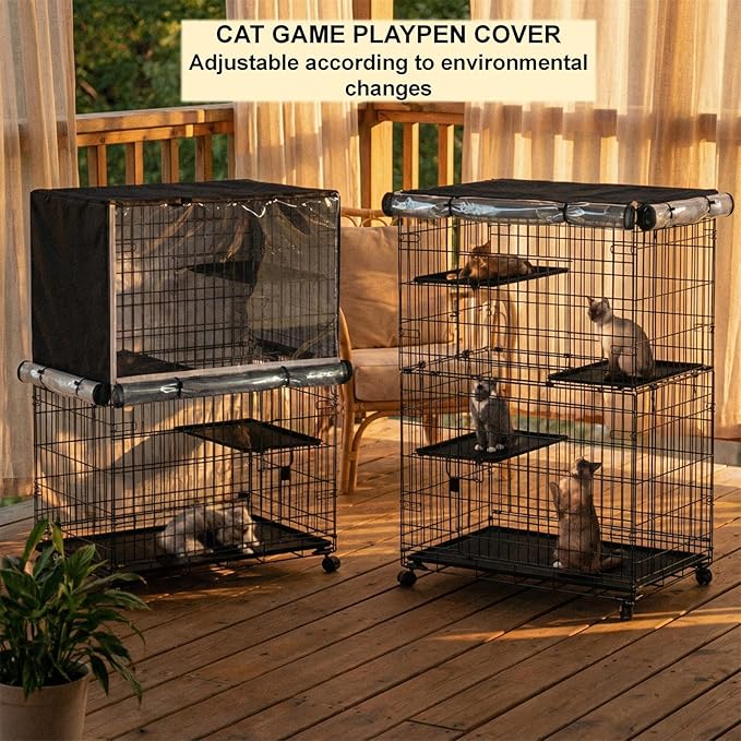 Cat Enclosure Cover for Large 3-Tier Cage - 36" L x 23" W x 50" H, 600D Waterproof Oxford Fabric with PVC Windows & Adjustable Panels(Cover Only, Black)