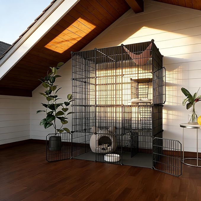 Large 4-Tier Cat Cage Indoor, DIY Cat Enclosures Detachable Metal Wire, Indoor Cat Crate Exercise Place Ideal for Kitty, Small Animals (Black, 41" L x 28" W x 55" H, 7)