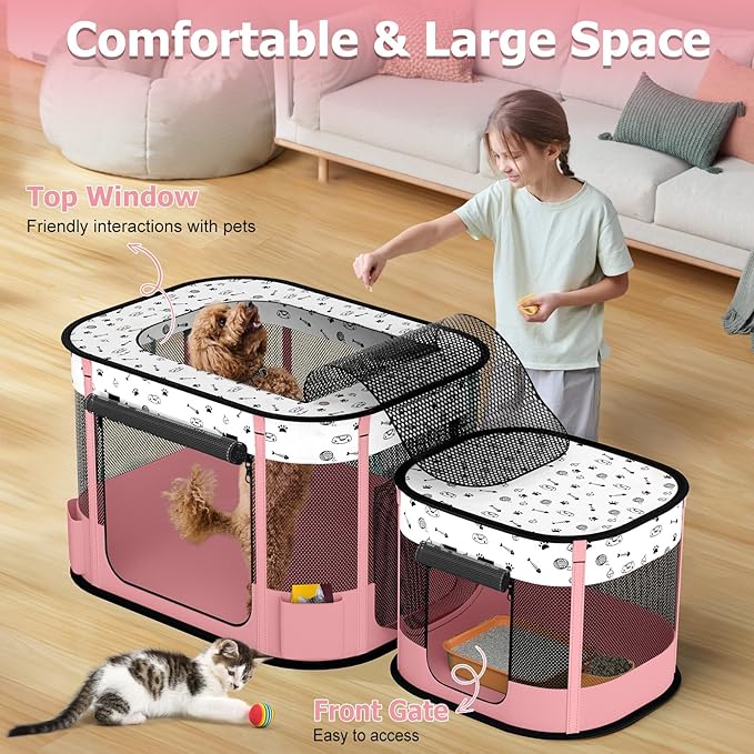 Portable Cat Playpen with litter box area, Foldable Pet Dog Playpen, for Kitten Puppy Play Pen Indoor/Outdoor, Cats Enclosure Cages Tent with Carrying Case, 600D Oxford 8-Rods, 32"x24"x22", Pink