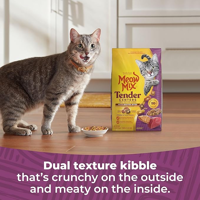Meow Mix Tender Centers Basted Bites Dry Cat Food,Chicken & Tuna Flavor,3 Pound,Crunchy Outside Meaty Inside,(Pack of 8)