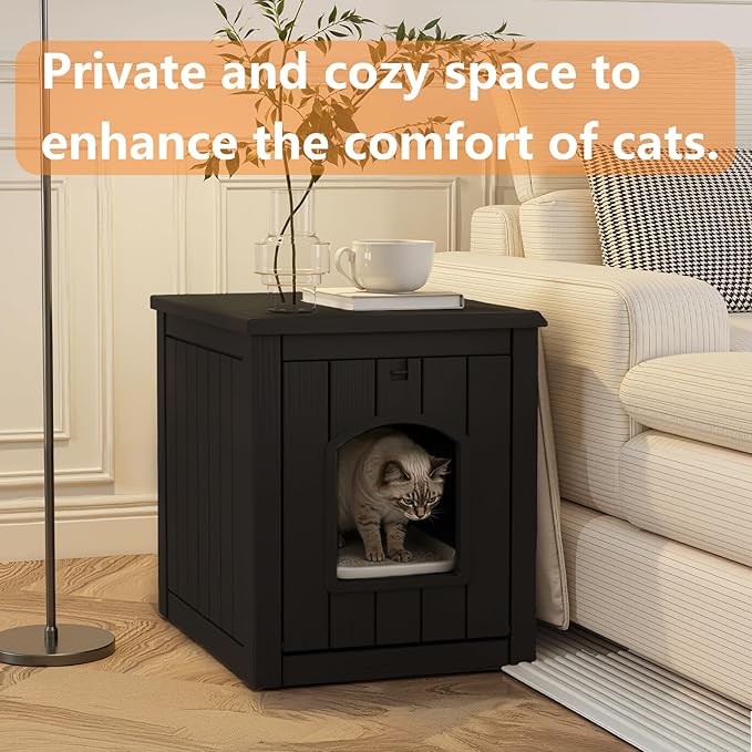 Resin Cat Litter Box Enclosure - Indoor Hidden Waterproof Furniture, Hidden Pet Box，Side Table(Black