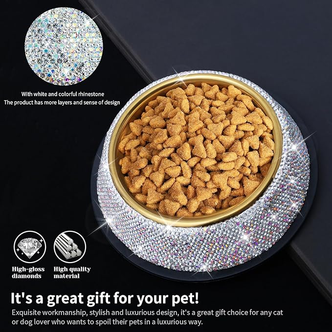 Sparkly Full Rhinestones Designed Gold Plated Stainless Steel Cat Bowl - Stylish and Practical Diamond Food Water Dishes Bowls for Dogs Cats Rabbits