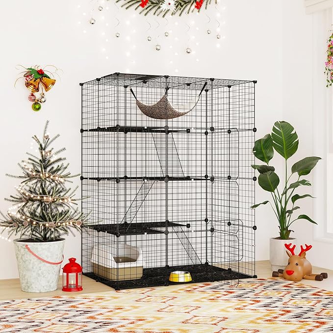PETSITE 4-Tier Cat Cages Indoor, Metal Wire Cat Enclosure with Extra Large Hammock, 3 Ladders, and 4 Lockable Doors, Detachable Indoor Cat Catio Kennel for 1-4 Cats Kitten, Anti-toppling Kits Included