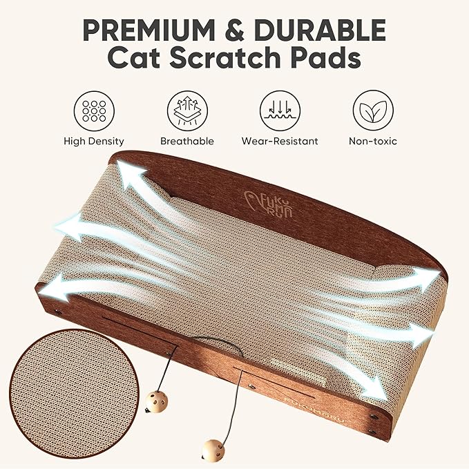 FUKUMARU 26 Inch Cat Scratcher Bed, 2 Reversible Cardboard Cat Scratch Pads Refill for Indoor Cats, Durable Large Cats Scratching Bed Sofa Couch Lounger with Fun Toys, Furniture Protector, Caramel