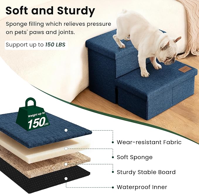 Love's cabin Dog Stairs with Storage 13" H, Foldable Pet Stairs for Small Medium or Large Dogs, Cat Puppy Steps Ramp with Zip up to 150 lbs, Navy Blue, 2 Steps
