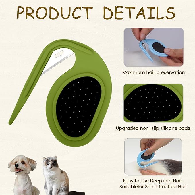 4Pcs Cat Dematting Comb Set - Safe Hidden Blade Pet Knot Remover for Matted Fur, No Scratch Grooming Detangling Tool for Dogs & Cats, Non-Slip Handle