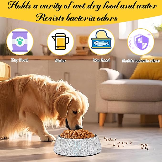 SlowVibes Bling Stainless Steel Dog Bowls,18oz Detachable Rhinestone Metal Food Water Bowl for Feeding Dogs Cats,Rust Resistant Non-Slip Puppy Dish,Sparkle Essentials for Small Medium Large Girl Pets