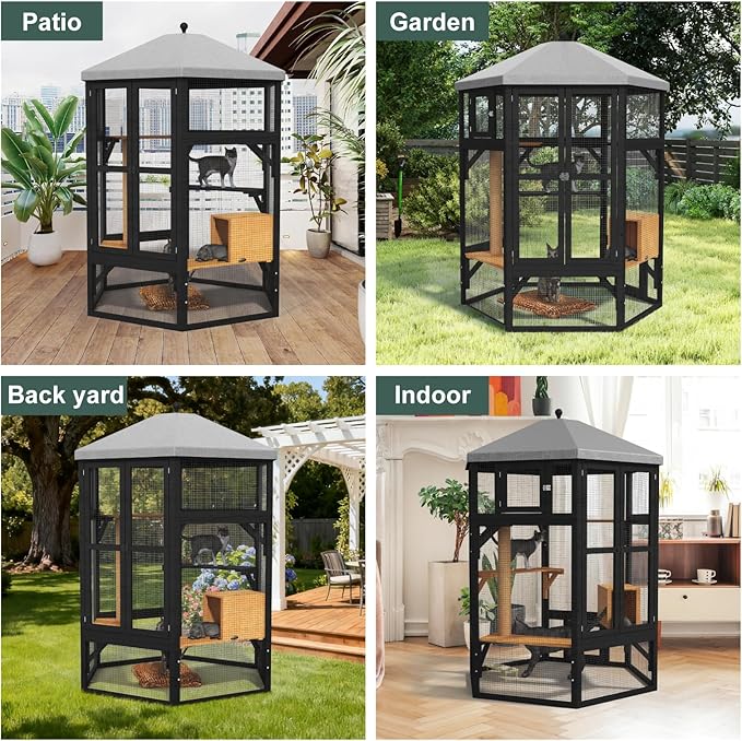 Catio Outdoor Cat Enclosure,Large Cat House Kitty Cage,Indoor Outdoor Cats Outside Patio for Cats with Window Access & Waterproof Roof, Multiple Platforms & Scratching Post, 65" Black