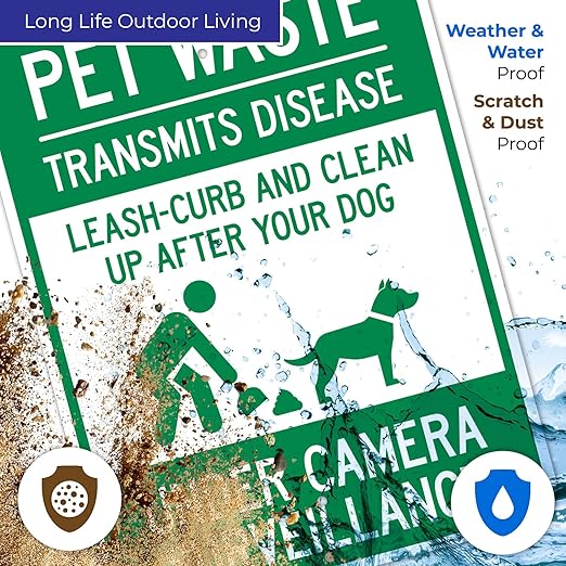 Pet Waste Leash-Curb and Clean Up After Your Dog Under Camera Surveillance Sign, 18x24 Inches, Rust Free .063 Aluminum, Fade Resistant, Made in USA