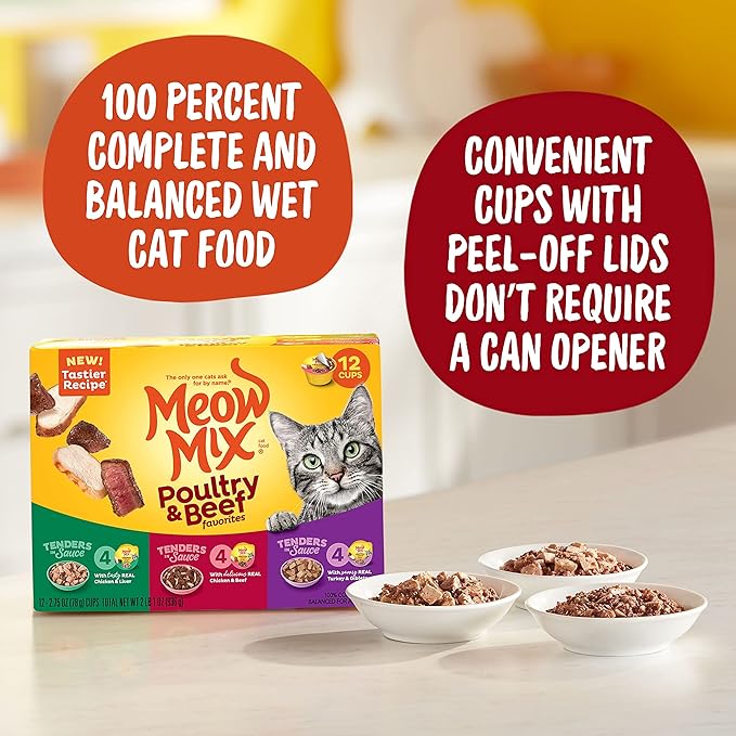 Meow Mix Tenders in Sauce Wet Cat Food,Poultry & Beef Variety Pack,2.75 Ounce Cup,(Pack of 96)