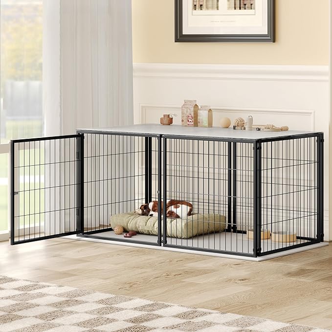 Nyahab 48" Large Dog Cage for Medium Dogs and Puppies, Indoor Metal Kennel Playpen with Removable Top Cover, Heavy-Duty Pet Crate with Adjustable Door, Black