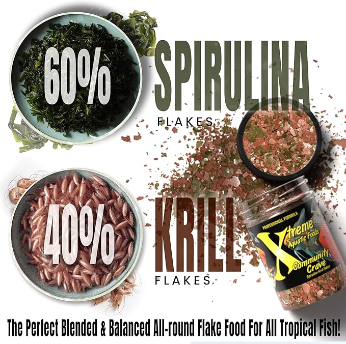 Xtreme Community Crave Flake - Krill & Spirulina Blend for Vibrant Colors, Immune Support and Digestive Health, Tropical & Freshwater Fish Nutrition – Premium Community Aquarium Food (2oz)