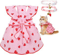 2-Piecs Cotton Detachable Pet Cat Dog Collar with Strawberry Pendant and Bell + 1-Piece Small Dog Cat Dress, Girl's Cat Costume, Cute Bow-Decorated Outfit, Strawberry Print Pet Birthday Set (Small)