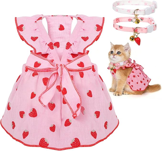 2-Piecs Cotton Detachable Pet Cat Dog Collar with Strawberry Pendant and Bell + 1-Piece Small Dog Cat Dress, Girl's Cat Costume, Cute Bow-Decorated Outfit, Strawberry Print Pet Birthday Set (Small)