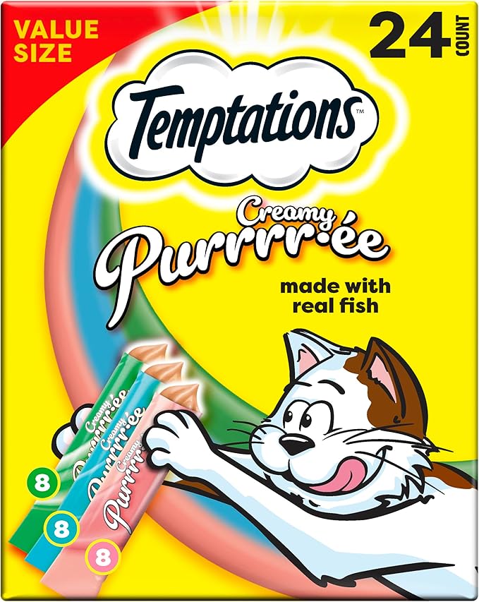 Temptations Creamy Puree Squeezable Lickable Cat Treats, Wet Cat Treats with Tuna, Salmon, and Seafood Medley Variety Pack, 0.42 oz. Tubes, 24 Count
