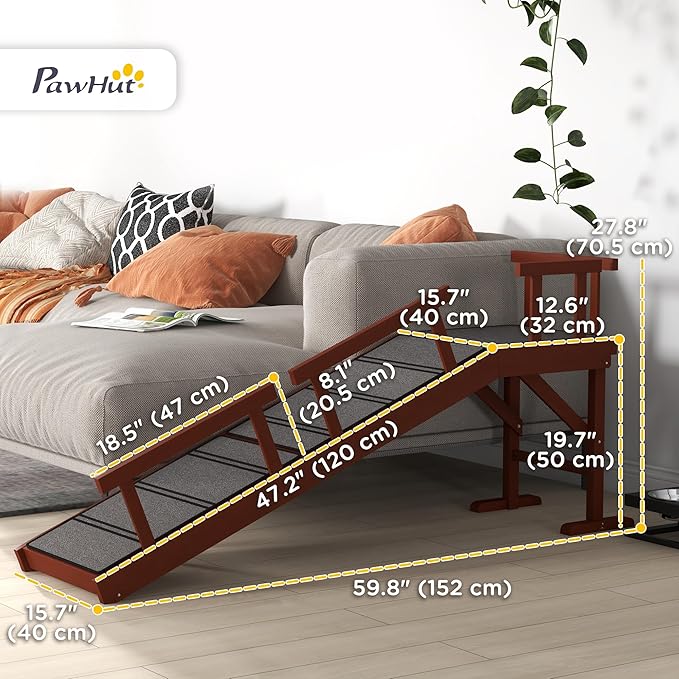 PawHut Dog Ramp, Dog Stairs for Small, Medium & Large Dogs, Pet Ramp for Bed or Couch with Removable Guardrails, Non-Slip Surface, 60" Long, Brown