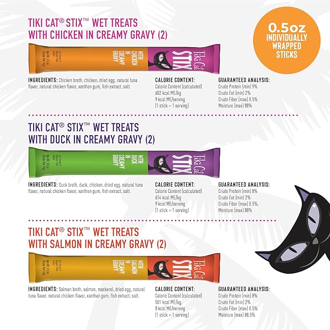 Tiki Cat Stix Wet Treats, Grain Free Lickable Smooth Mousse Blend in Creamy Gravy, Variety Pack 6 Stix 1 Pouch