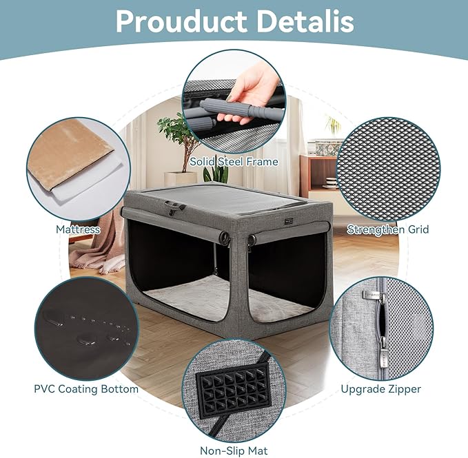 PETSFIT Portable Dog Crate for Medium Dogs, – 30" Soft Dog Travel Crates with Lockable Zippers & Thicken Mat, Adjustable Patented Spiral Steel Frame, Collapsible Kennel for Indoor & Outdoor