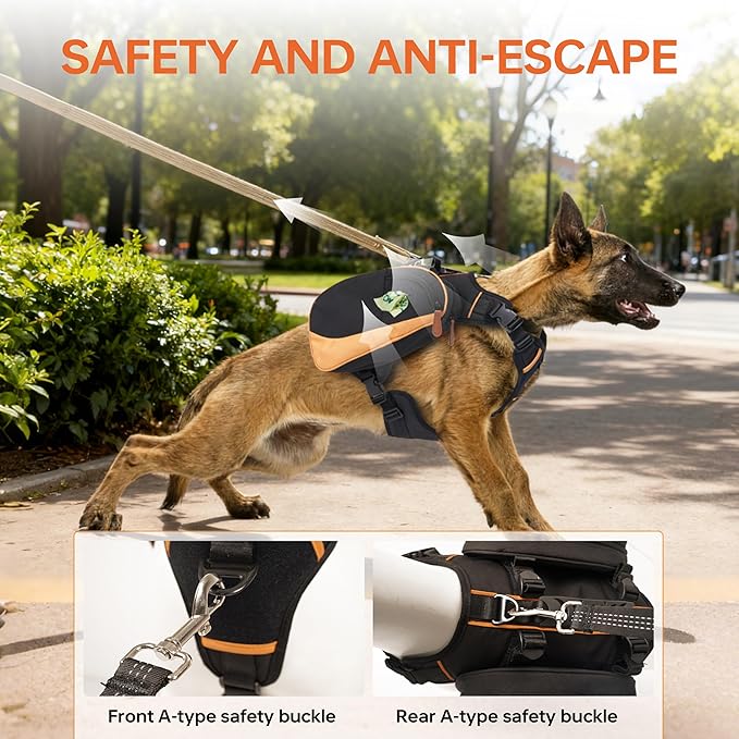 Dog Backpack for Medium & Large Dogs, Detachable Side Bags, Quick-Poop Bag Dispenser | No-Pull Adjustable Harness for Large-Chested Breeds | Non-Slip Handle for Hiking, Walking, Outdoor Adventures（M）