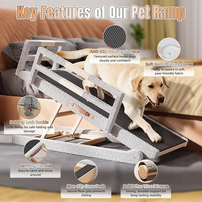 Dog Ramp for High Bed – 55" Extra-Long Wooden Pet Ramp with Soft Plush Fabric Cover & Safety Rails 16”–28”Adjustable Height for Tall Beds, Non-Slip Wide 17.7" Surface – Supports Large Dogs up