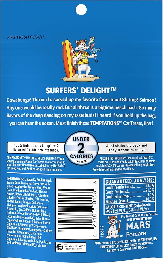 Temptations Cat Treats MixUps Surfer's Delight, Tuna, Shrimp, Salmon Flavor, Crunchy and Soft Cat Treats, 3 oz. Pouch (Pack of 12)