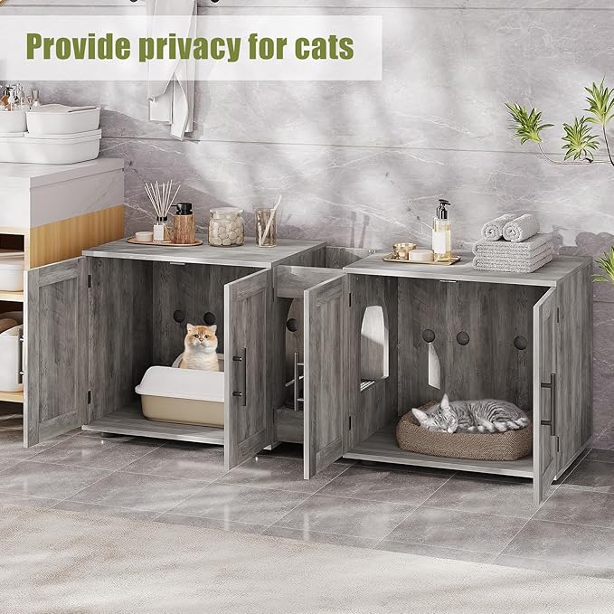 Garvee Cat Litter Box Enclosure for 2 Cats, 55" Hiddden Litter Box Enclosure Furniture 3-in-1 Wooden Litter Cabinet with Barn Door & Double Rooms for Bedroom Living Room, Gray