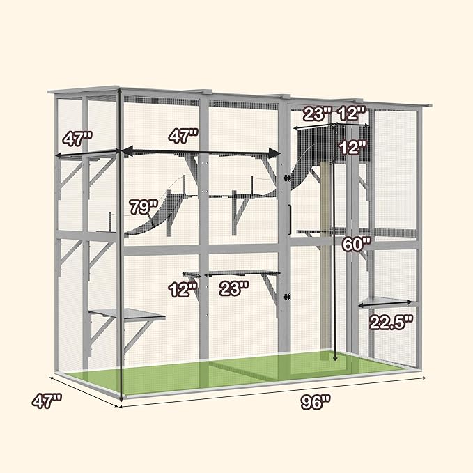Large Walk-in Catio Wooden cat Houses for Multiple Outdoor Cats, Outdoor cat Enclosure with 4 Bridges & Transparent PVC Roof & sisal Scratcher, Kitty cat Condo Shelters (White)