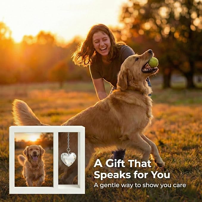 Dog Memorial Gift for Loss of Dog – 4x6 Wooden Photo Frame with Crystal Heart Suncatcher, Pet Memorial Picture Frame Keepsake