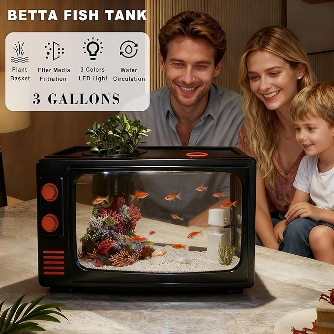 3 Gallon Fish Tank Aquarium Kit with LED Lights, Filter & Plant Planter - Retro TV Shaped Design Desktop Water Garden for Betta/Goldfish (Black - 3 Gallon)