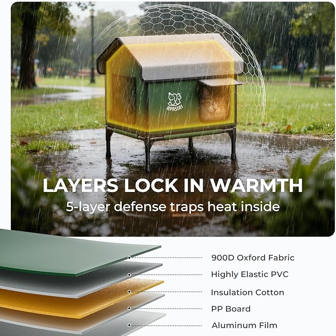 Apasiri Heated Outdoor Cat House Weatherproof - Insulated Cat Shelter with Thermostatic Heating Pad, Water Resistant 900D Oxford Feral Cat House with Anti-Peep Curtains Escape Door for Winter, Small