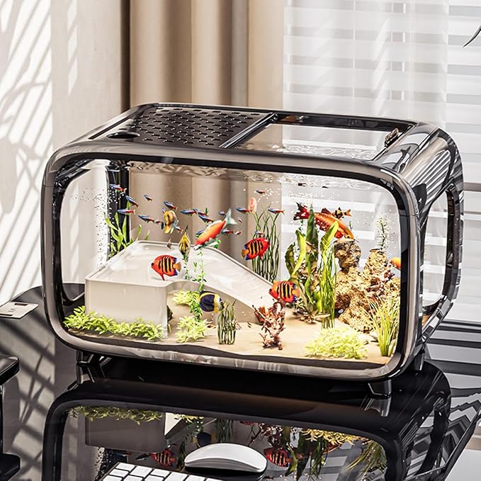 Fish Tank - Small Betta Aquarium, Clear Acrylic Aquatic Container, Compact Water Habitat Bowl, Durable Mini Aquarium | Snail Shrimp Turtle Plant Landscape for Desk Shelf Bedroom Office Home Decor