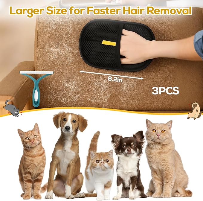 BABORUI Pet Hair Removal Glove - 3 Pack Pet Hair Remover Glove, Electrostatic Gloves Pet Hair Lint Rolls into Strips, Dog and Cat Hair Remover Tool for Furniture, Car, Couch, Carpet, Clothes