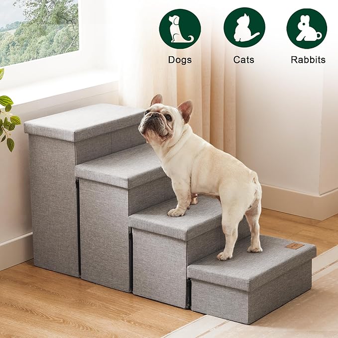 Love's cabin Dog Stairs for Small Medium or Large Dogs with Storage and Adjustable Steps, Foldable Cat Steps for Bed or Couch, 4-Step Gray Folding Ramp with Zip up to 200 lbs, Solid Grey