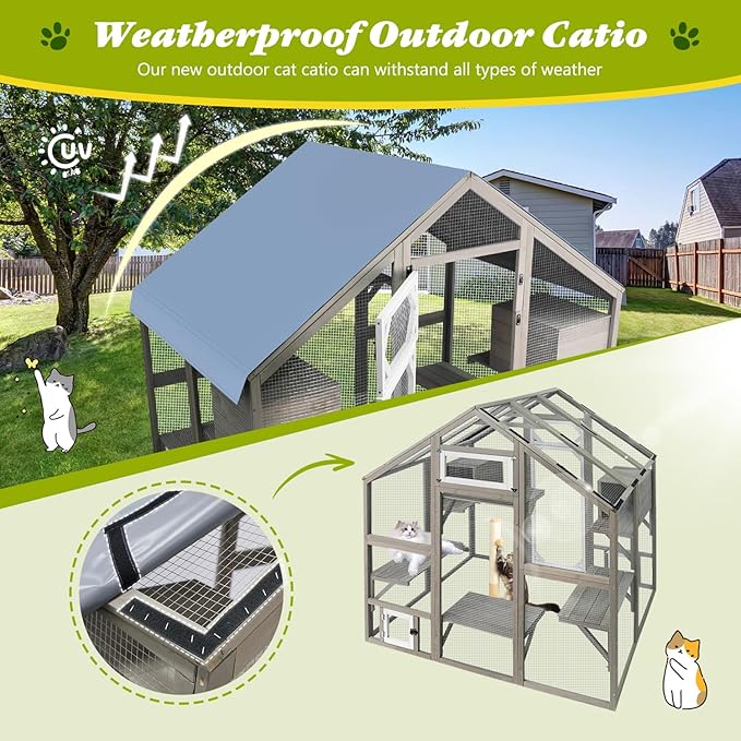 PetsCosset Cat Catio Outdoor Enclosure Outside Patio Large Catio House for Indoor 2-3 Cats Weatherproof Wooden Walk in Kitty Kennel Cage,Versatile Use for House's Window,Pet Doors, Tunnel - 71" H