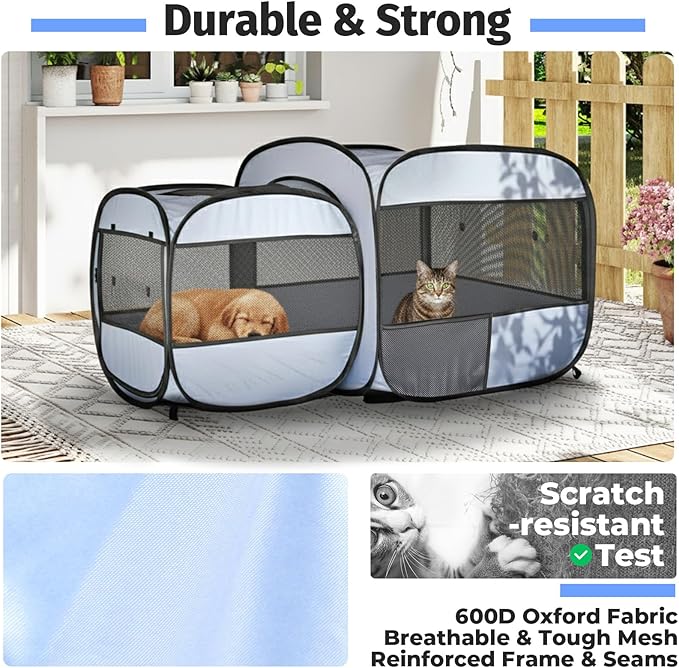 EighteenTek® 2-in-1 Portable Cat Playpen, Detachable into 2 Separate Cages with Additional 2 Doors, Pop up Pet Play Pen Cat Tent House, Foldable Puppy Enclosure Kitten Crates Indoors Outdoor(Grey)
