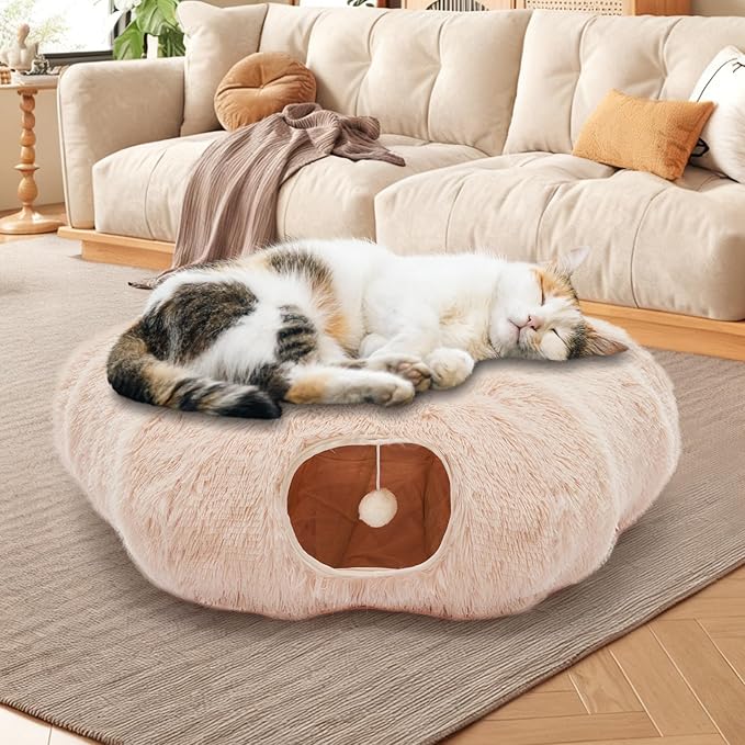 Cat Tunnels for Indoor Cats, Cute Donut Turnel Toys for Small Large Cats with Washable Circle Cushion，3-in-1 Foldable Playground & Cozy Cave Bed for, Kittens Puppy Rabbits